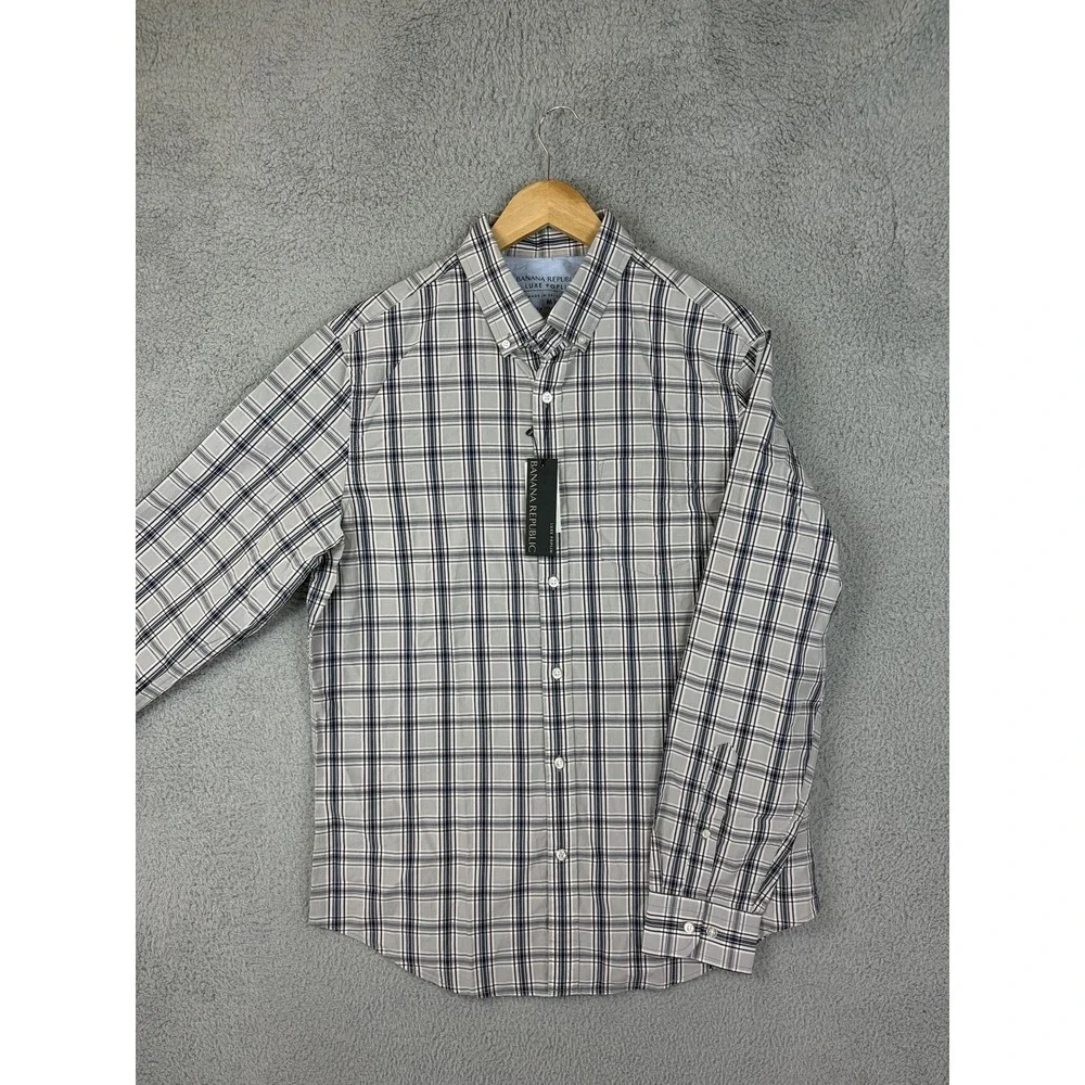 Banana Republic Shirt Men M Gray Plaid Luxe Poplin Long Sleeve Button Casual New